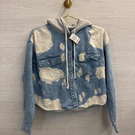 American Eagle Blue/ White Acid Print Cropped Hooded Jacket Medium