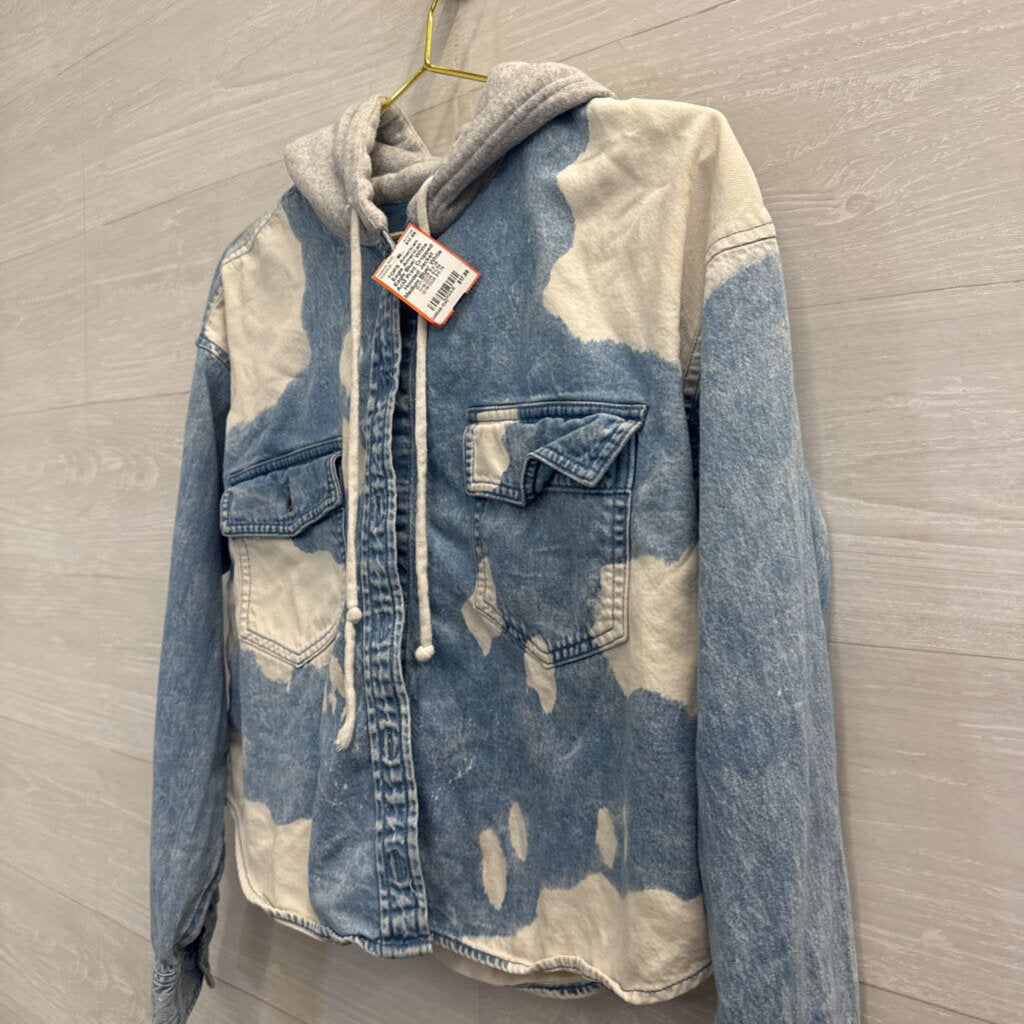 American Eagle Blue/ White Acid Print Cropped Hooded Jacket Medium