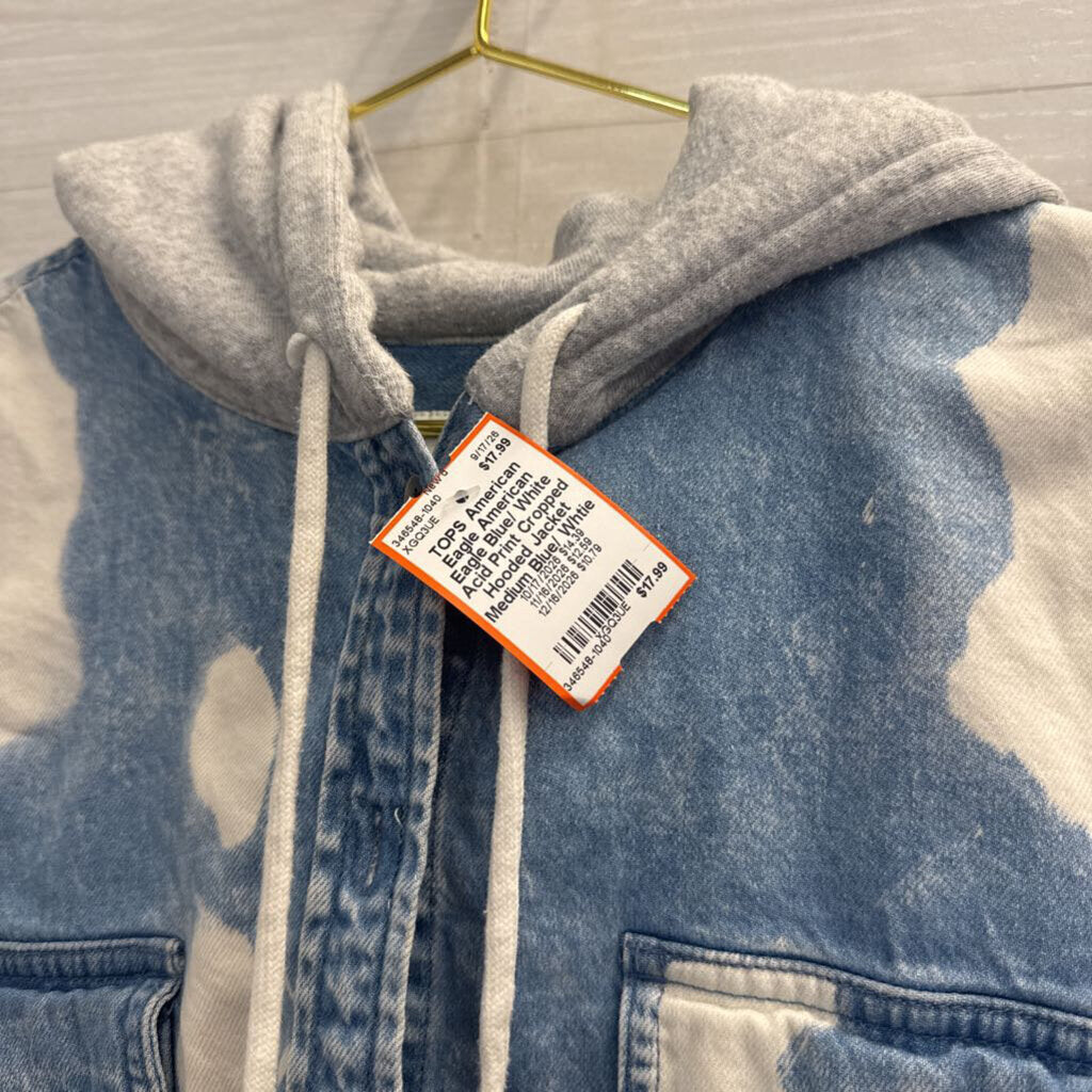 American Eagle Blue/ White Acid Print Cropped Hooded Jacket Medium