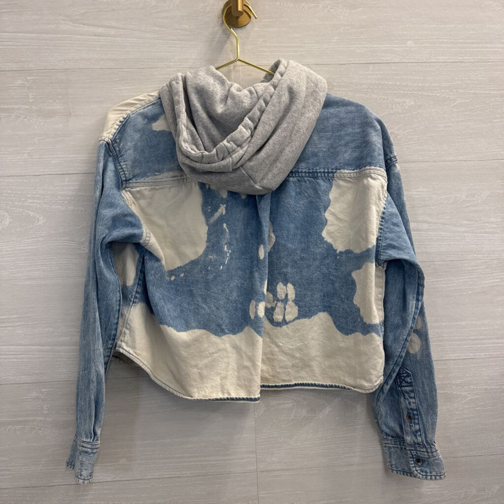 American Eagle Blue/ White Acid Print Cropped Hooded Jacket Medium