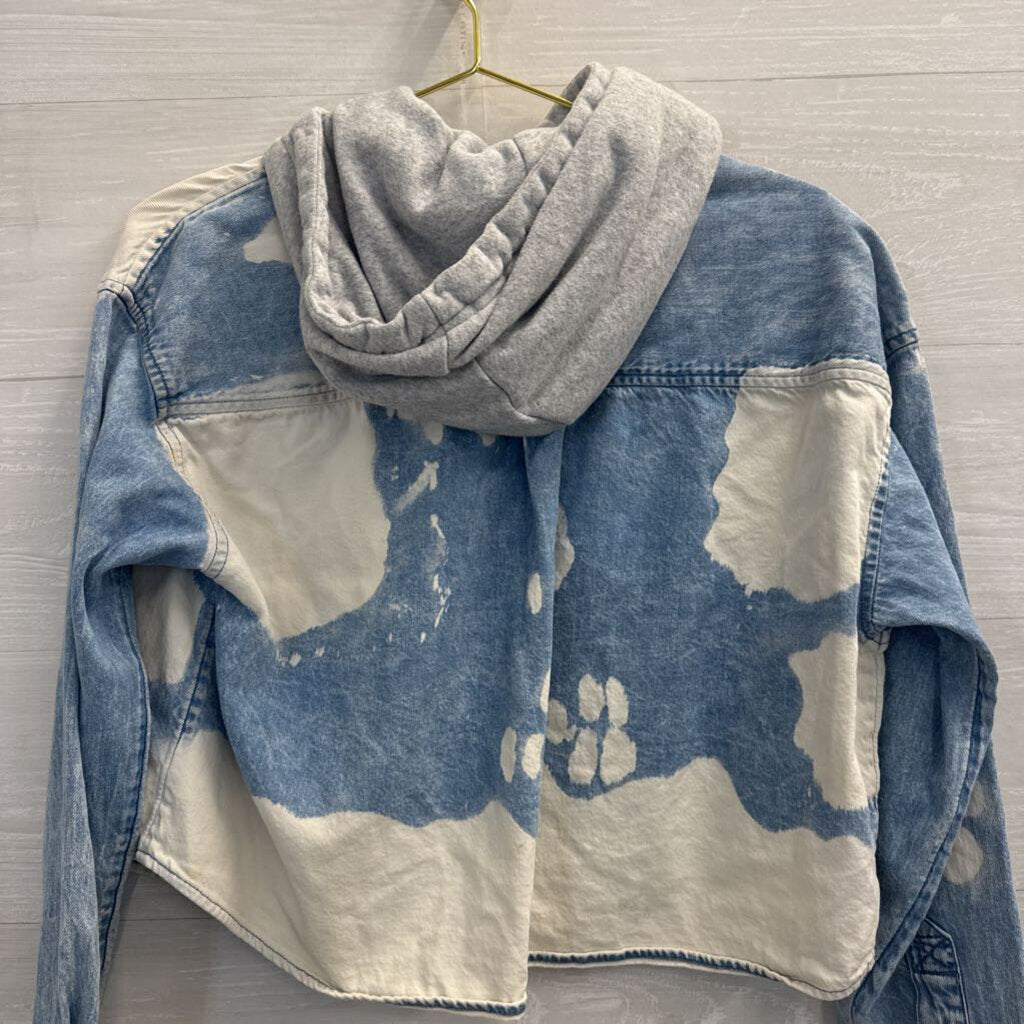American Eagle Blue/ White Acid Print Cropped Hooded Jacket Medium