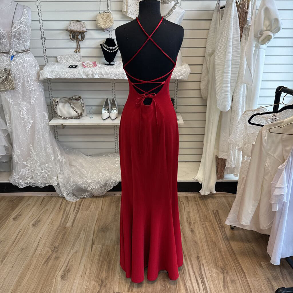 ABS Evening Collection Red Lace Up Back Long Formal Dress Large