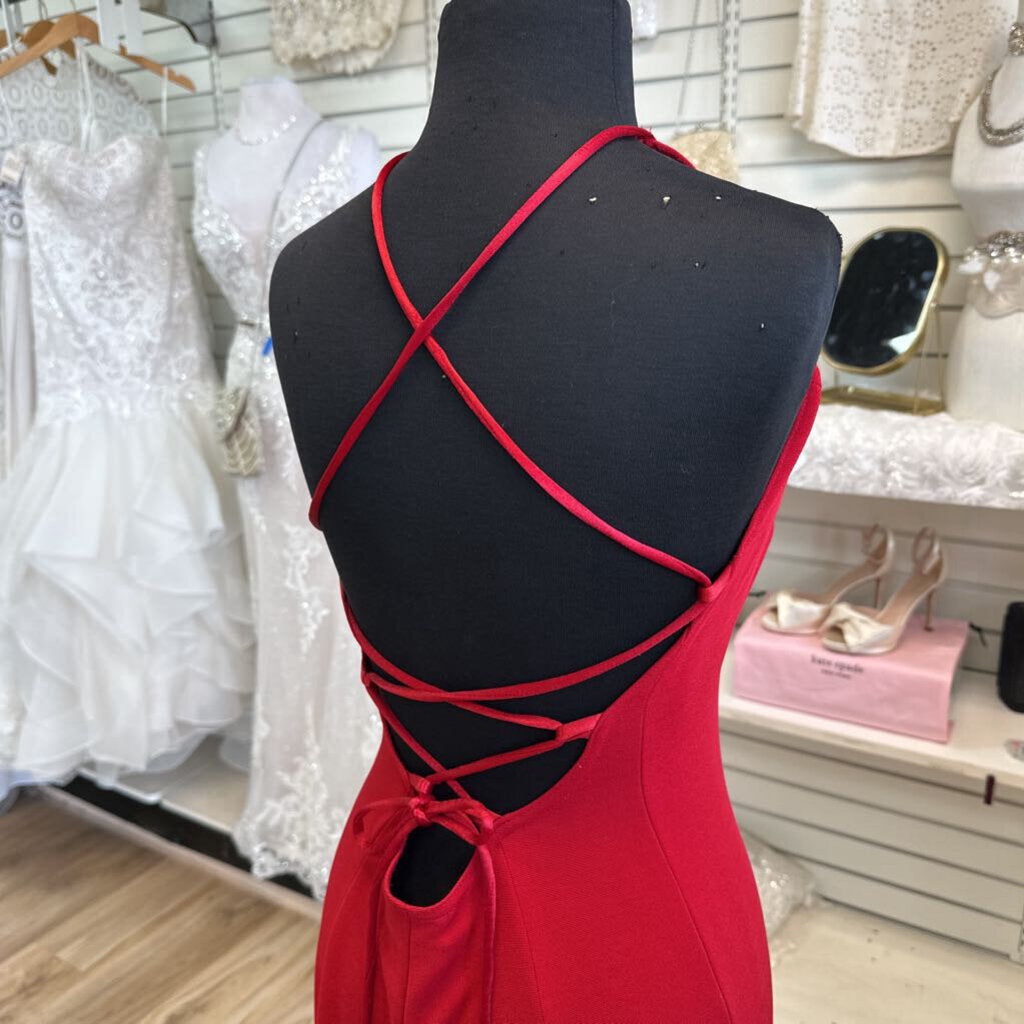 ABS Evening Collection Red Lace Up Back Long Formal Dress Large