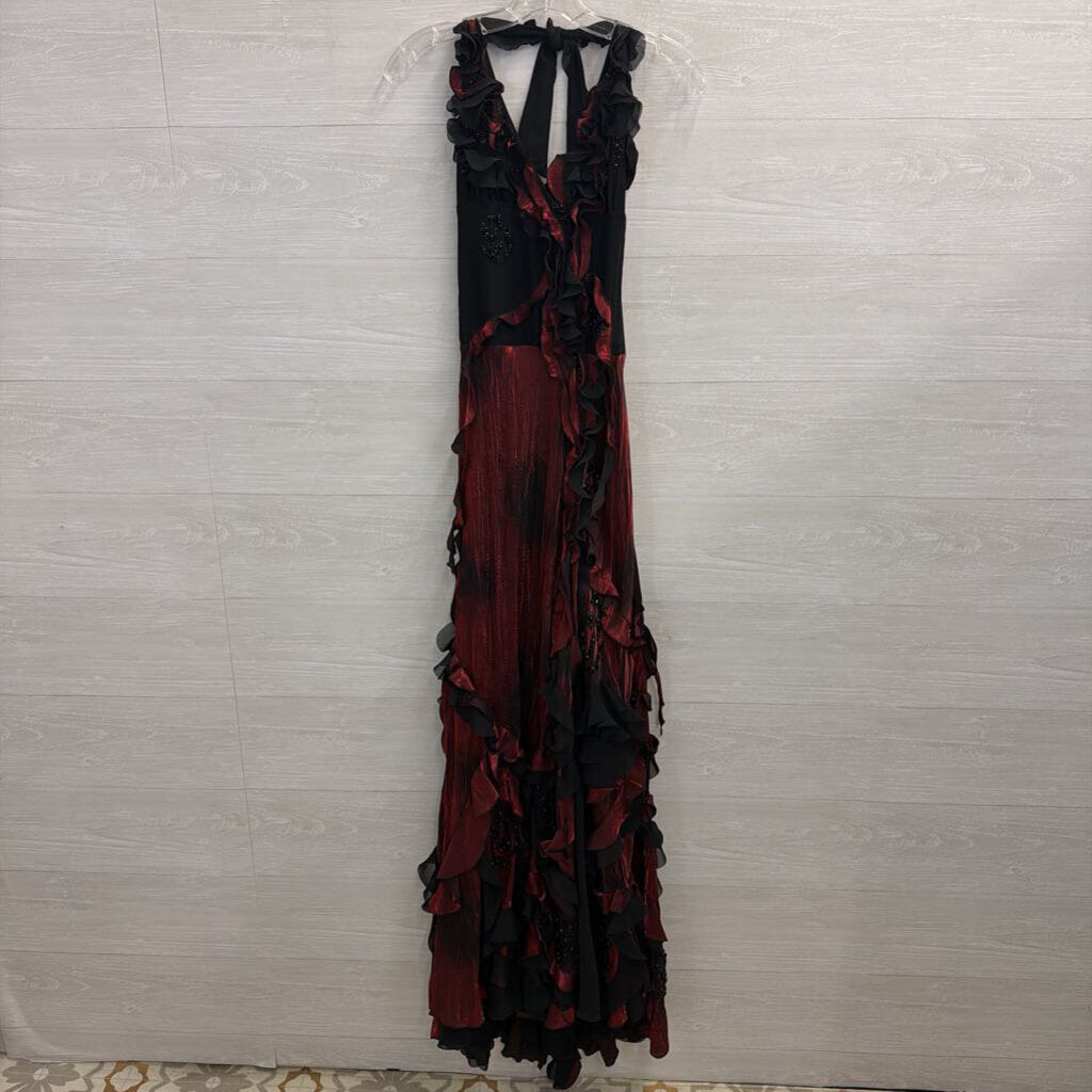 Janique Black/ Red Ruffle Beaded Detail Halter Neck Long Formal Dress Small