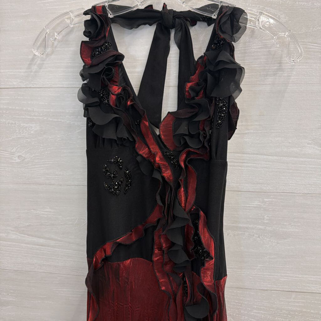 Janique Black/ Red Ruffle Beaded Detail Halter Neck Long Formal Dress Small