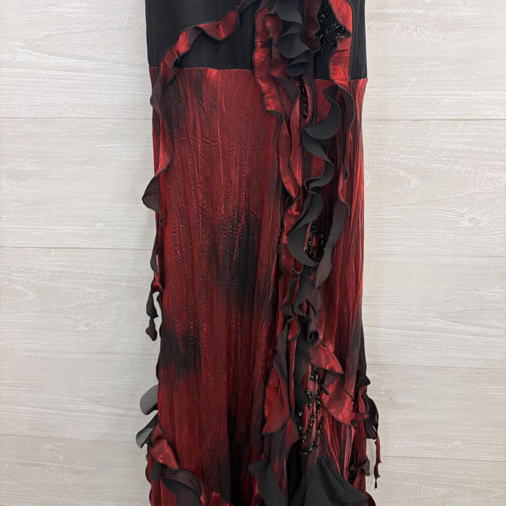 Janique Black/ Red Ruffle Beaded Detail Halter Neck Long Formal Dress Small