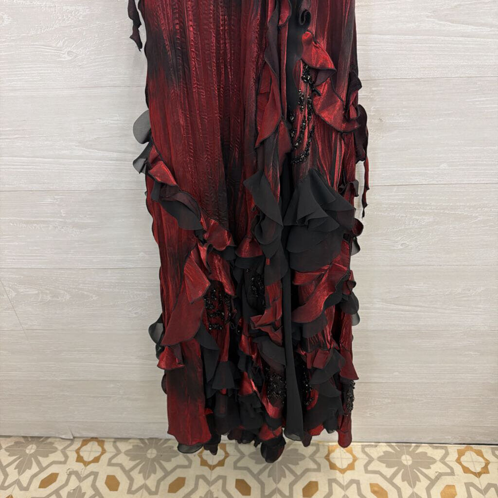 Janique Black/ Red Ruffle Beaded Detail Halter Neck Long Formal Dress Small