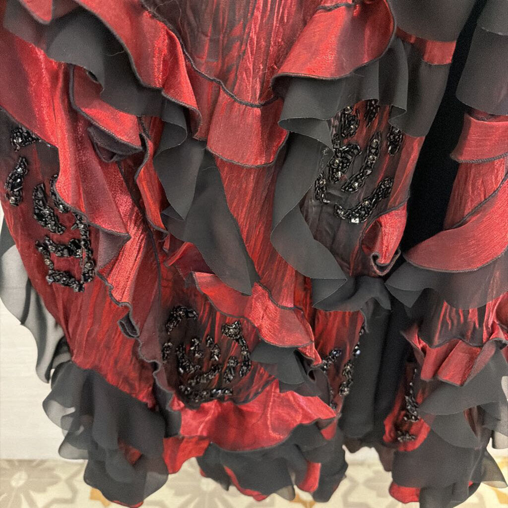 Janique Black/ Red Ruffle Beaded Detail Halter Neck Long Formal Dress Small
