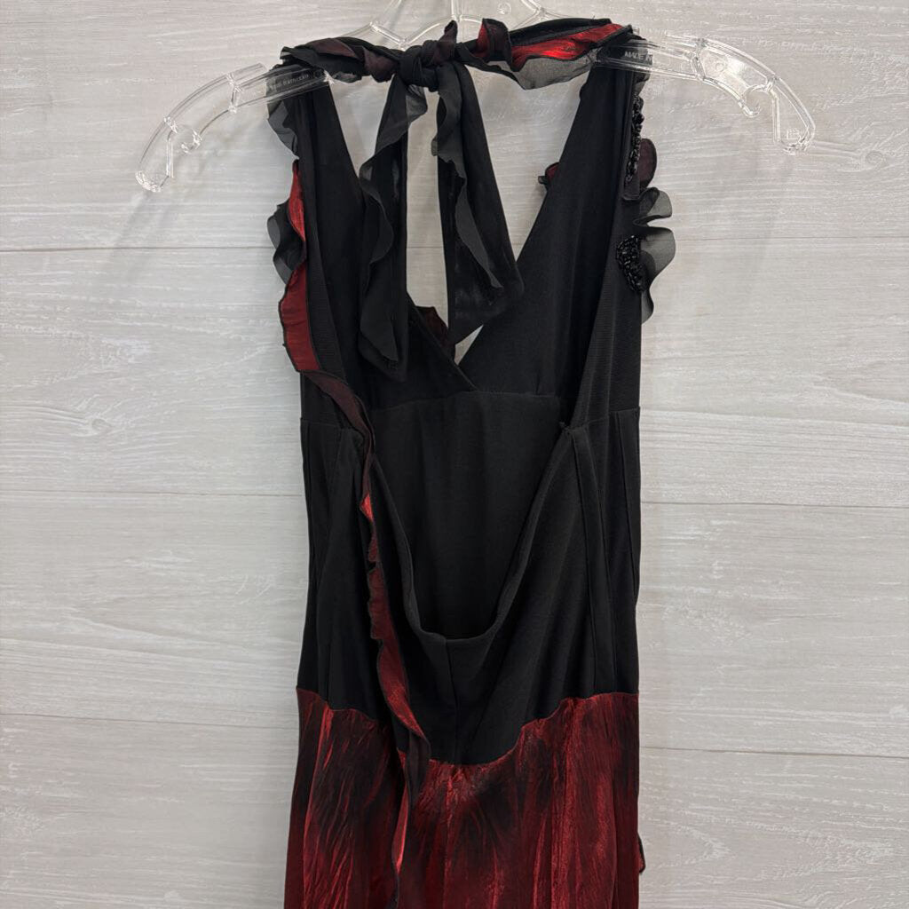Janique Black/ Red Ruffle Beaded Detail Halter Neck Long Formal Dress Small