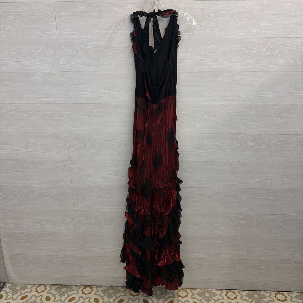 Janique Black/ Red Ruffle Beaded Detail Halter Neck Long Formal Dress Small