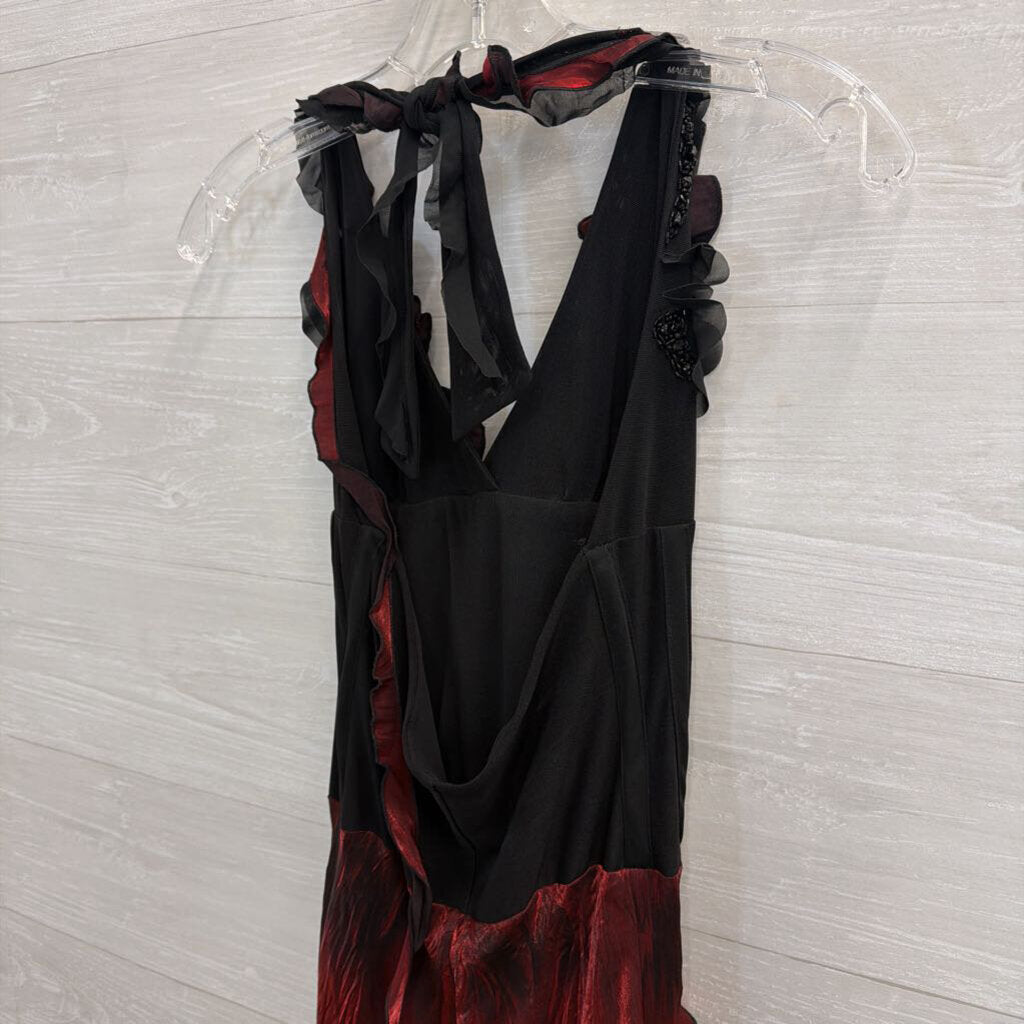 Janique Black/ Red Ruffle Beaded Detail Halter Neck Long Formal Dress Small