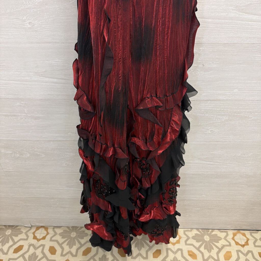 Janique Black/ Red Ruffle Beaded Detail Halter Neck Long Formal Dress Small