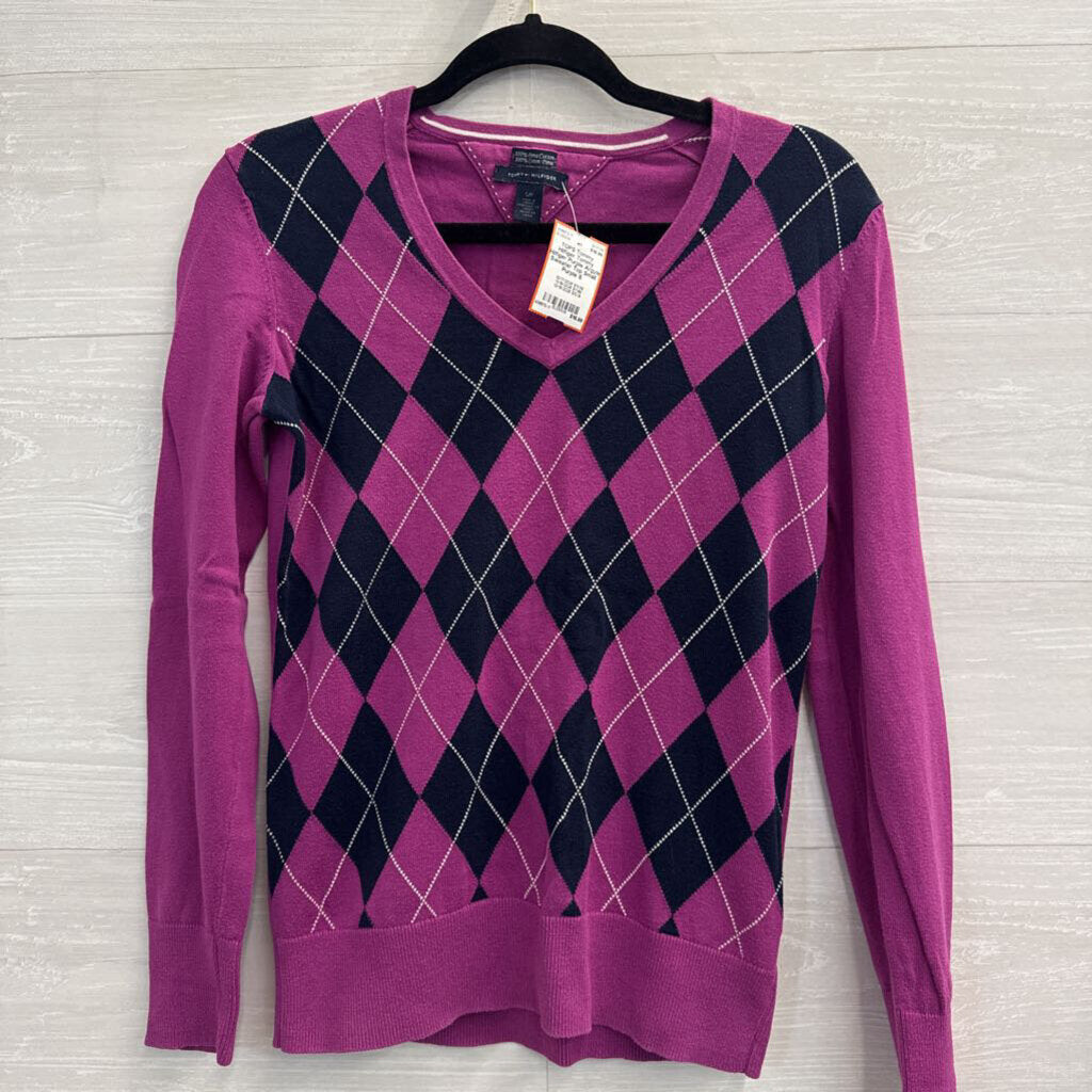 Tommy Hilfiger Purple Argyle Sweater Top Small