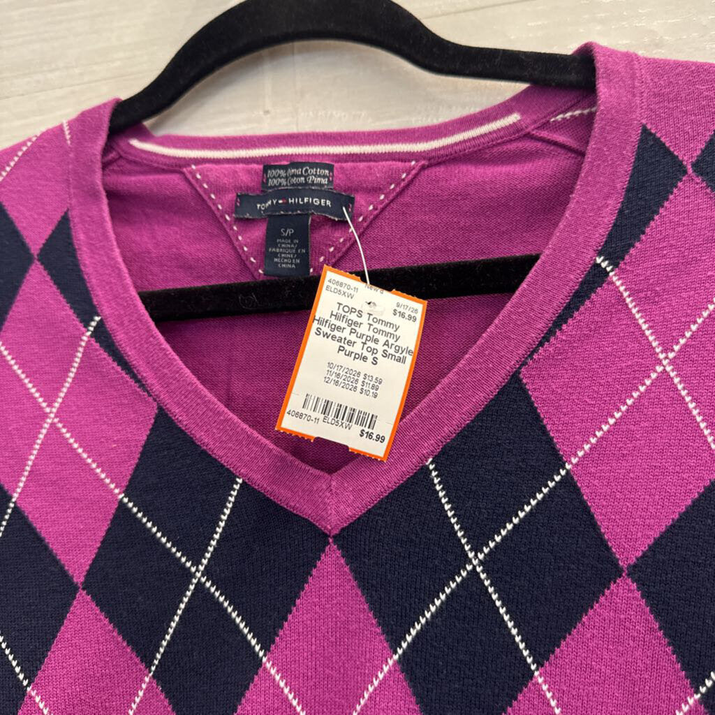 Tommy Hilfiger Purple Argyle Sweater Top Small