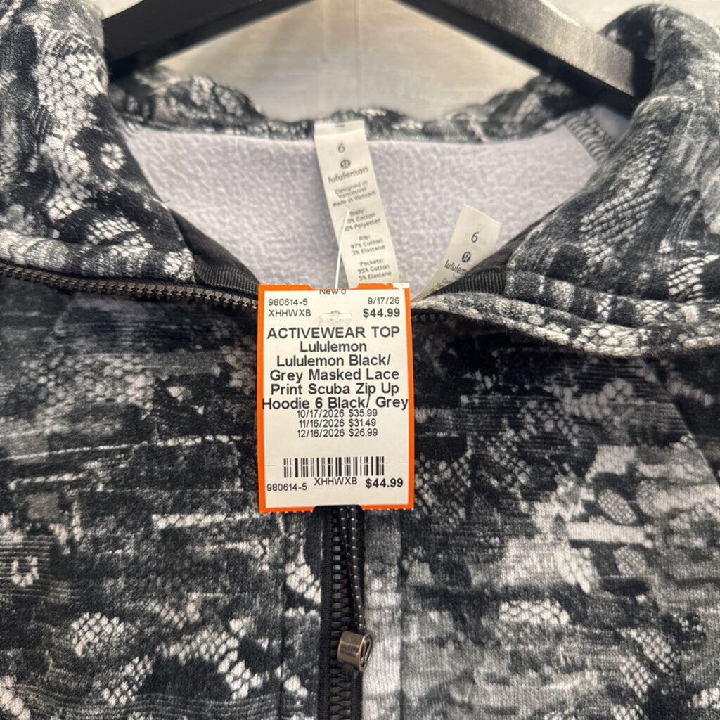 Lululemon Black/ Grey Masked Lace Print Scuba Zip Up Hoodie 6