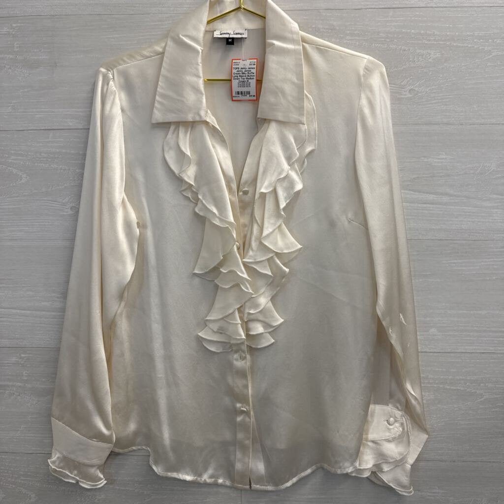 Jenny James Cream Silky Ruffle Long Sleeve Button Down Top Medium