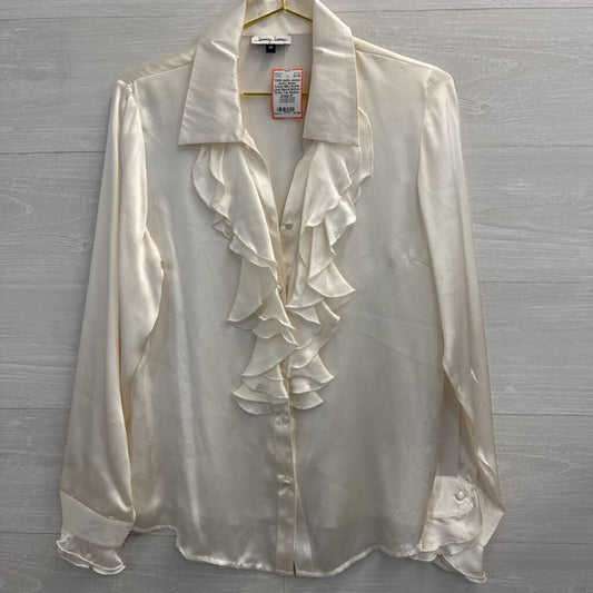 Jenny James Cream Silky Ruffle Long Sleeve Button Down Top Medium