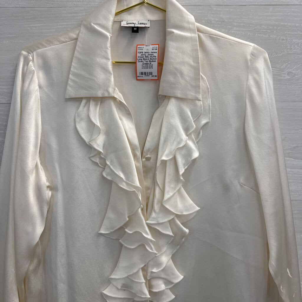 Jenny James Cream Silky Ruffle Long Sleeve Button Down Top Medium