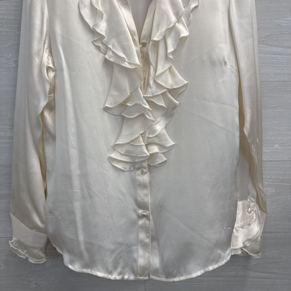 Jenny James Cream Silky Ruffle Long Sleeve Button Down Top Medium