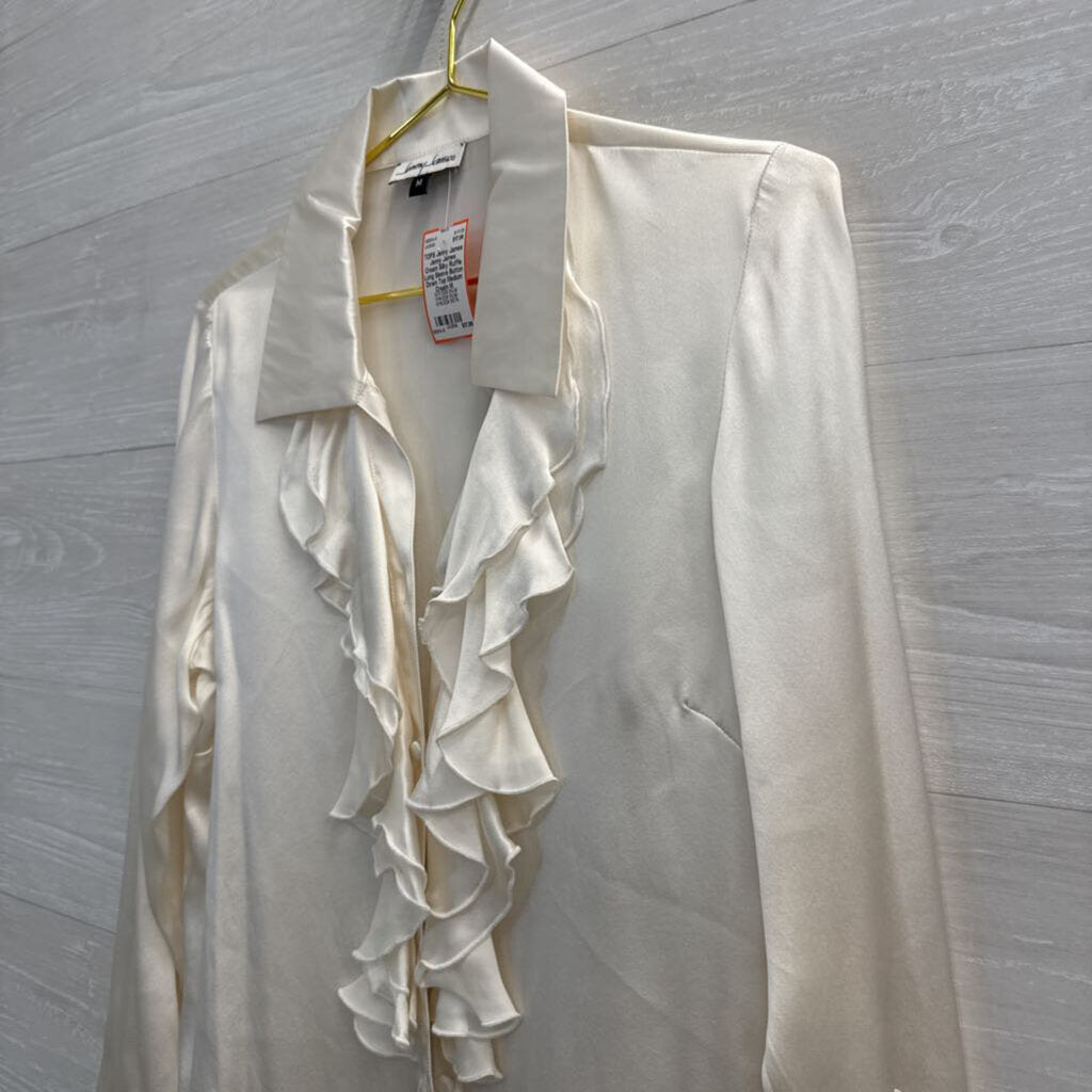 Jenny James Cream Silky Ruffle Long Sleeve Button Down Top Medium