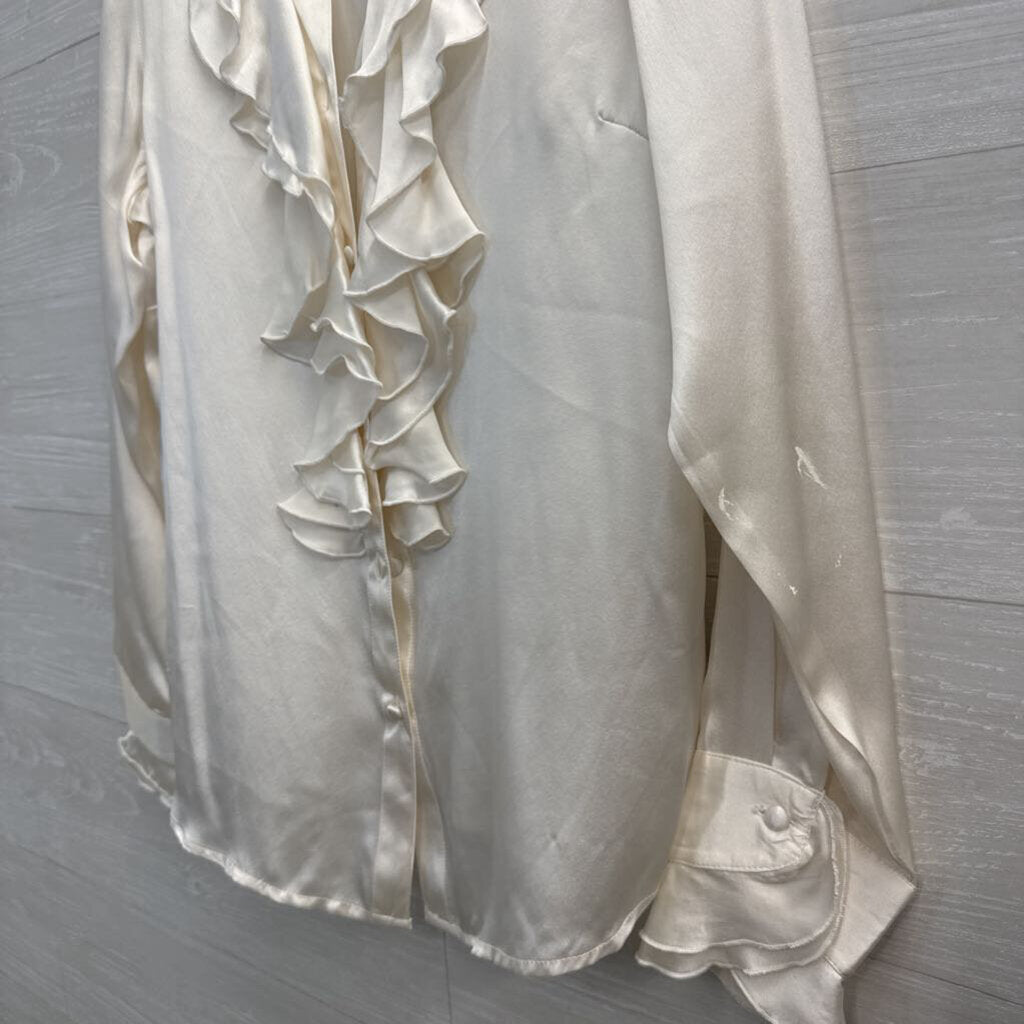 Jenny James Cream Silky Ruffle Long Sleeve Button Down Top Medium