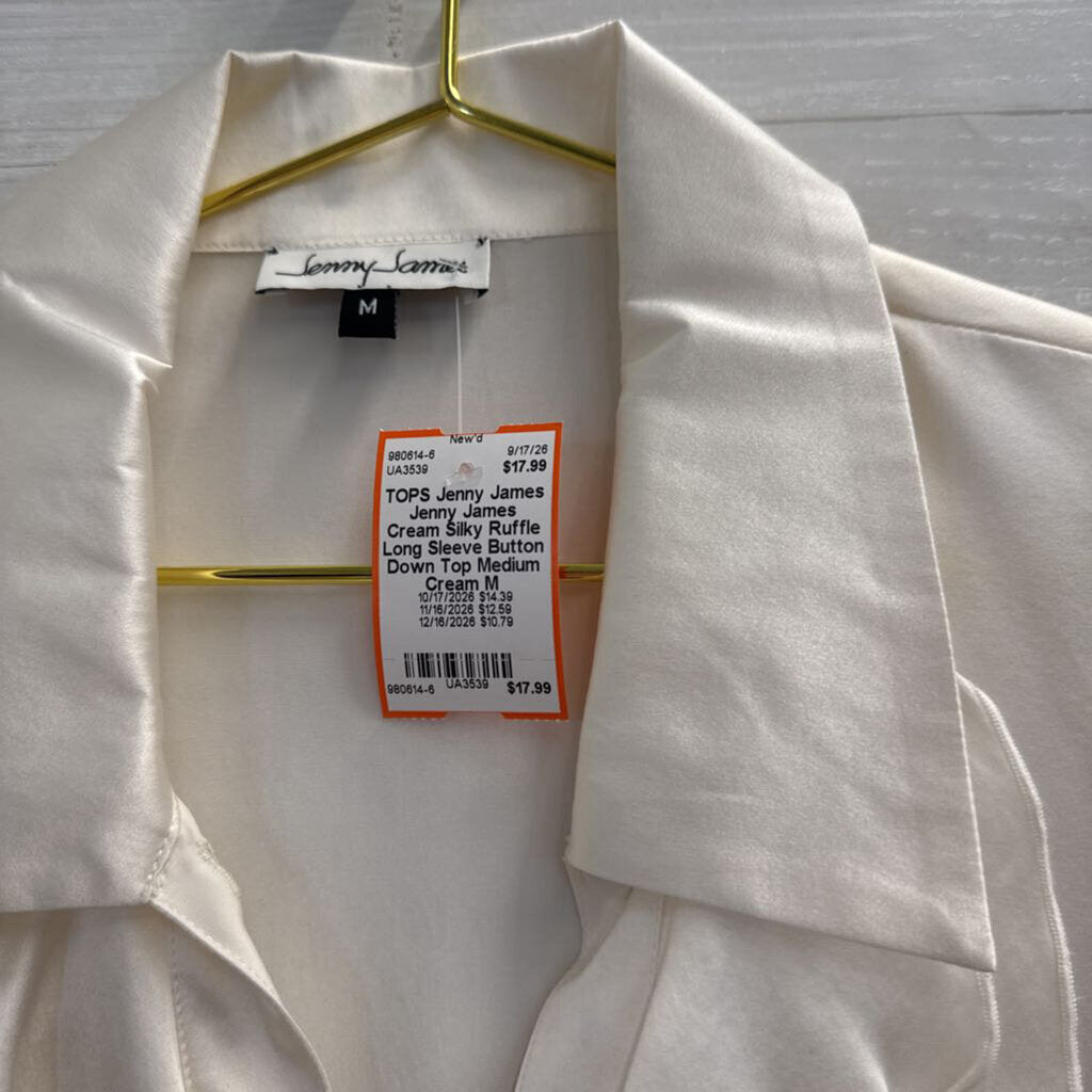 Jenny James Cream Silky Ruffle Long Sleeve Button Down Top Medium