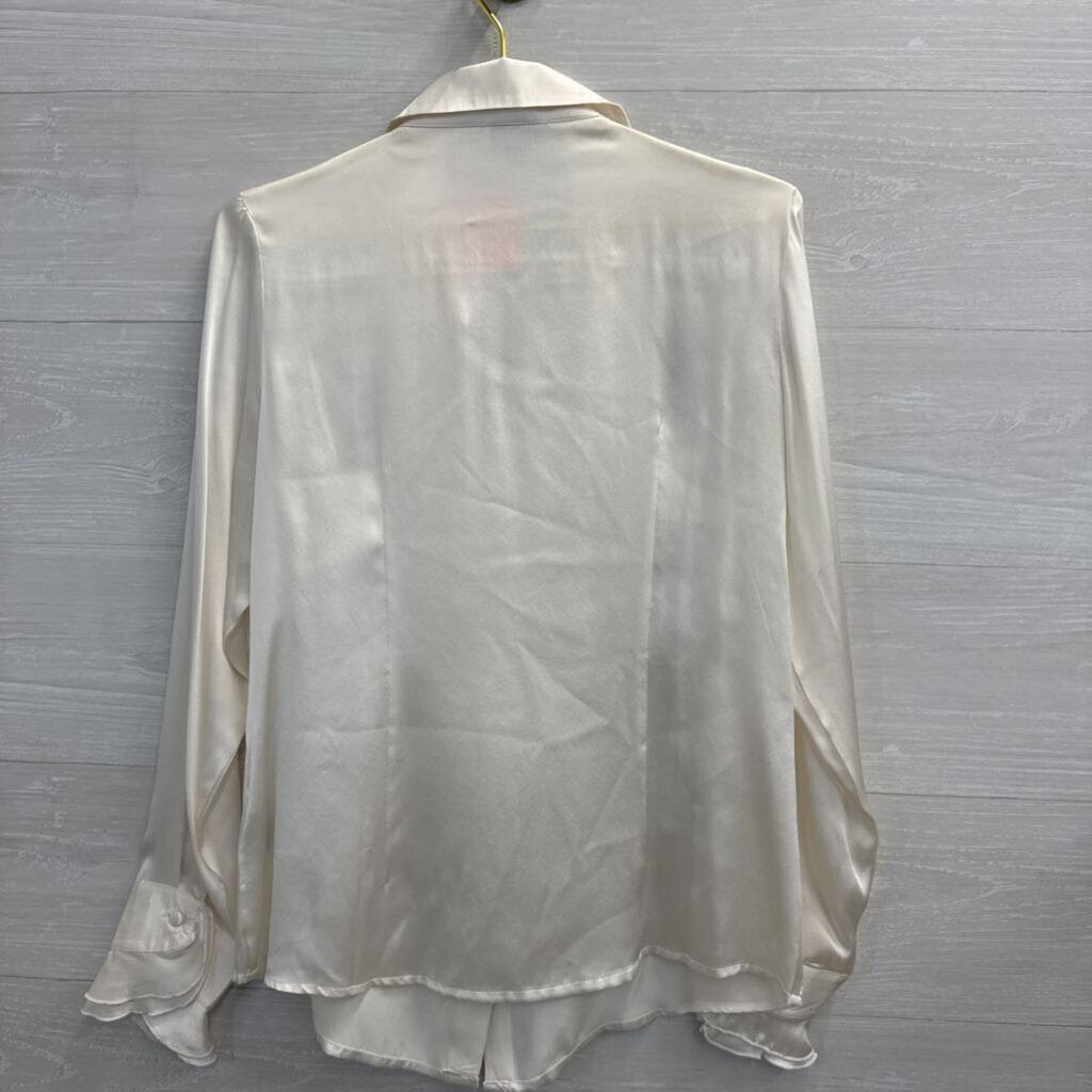 Jenny James Cream Silky Ruffle Long Sleeve Button Down Top Medium