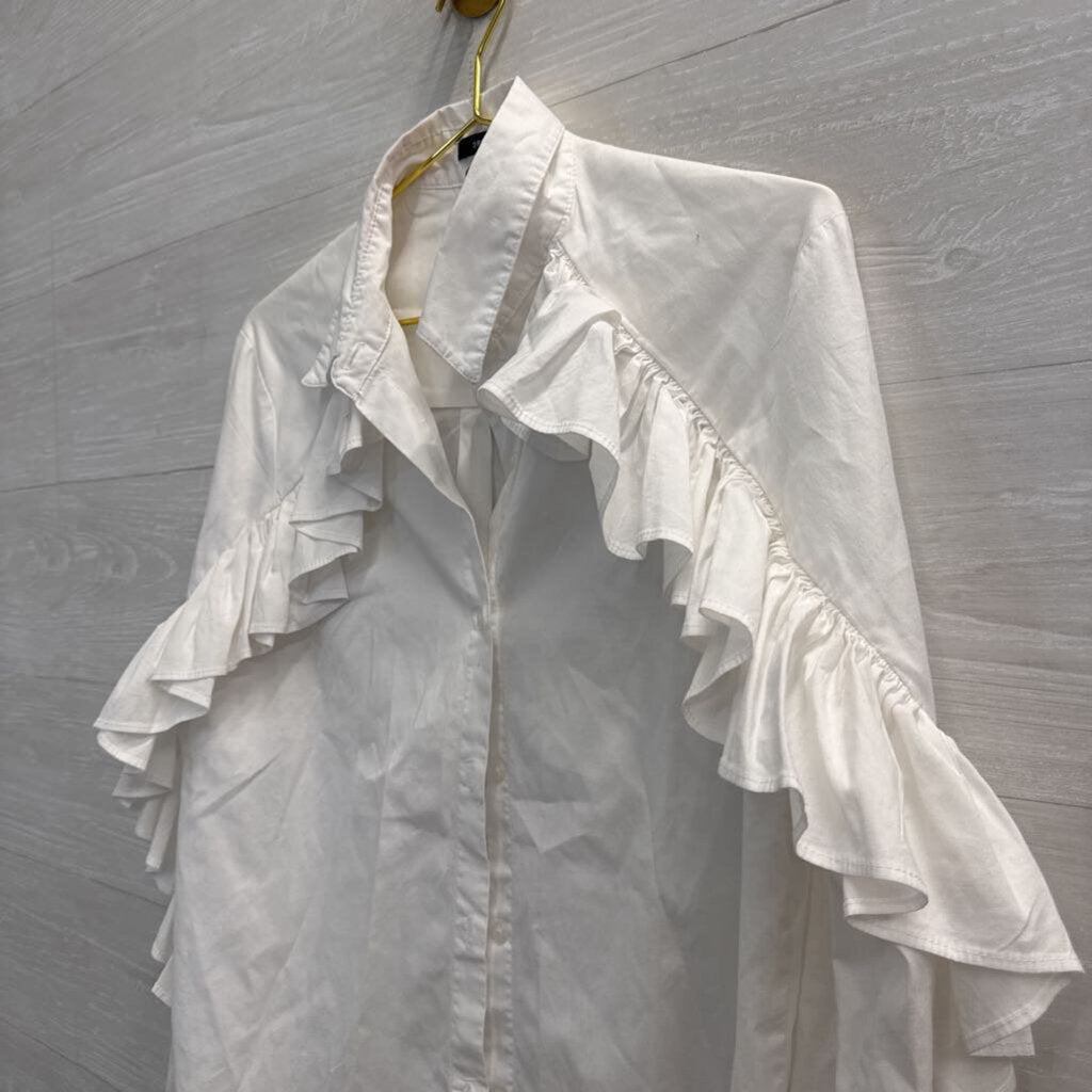 Drew White Long Sleeve Ruffle Detail Button Down Top Medium