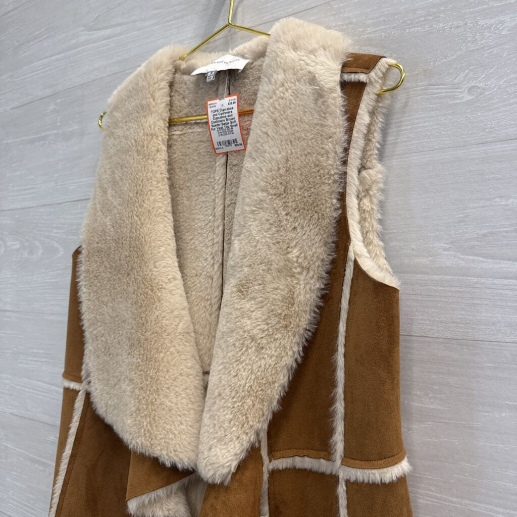 Cupcakes and Cashmere Brown Suede/ Beige Soft Fur Vest Top Small