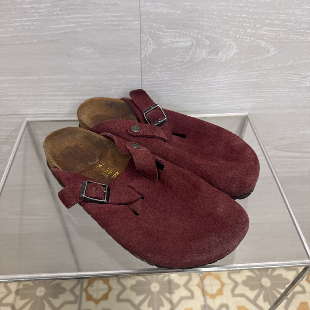 Birkenstock Burgundy Suede Slip On Clogs 39