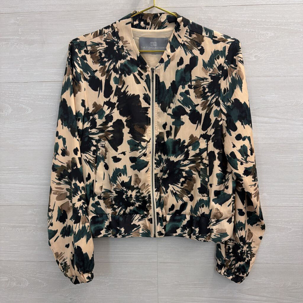 Tart Collections Beige/ Multi Print Silky Zip Front Jacket Top Medium