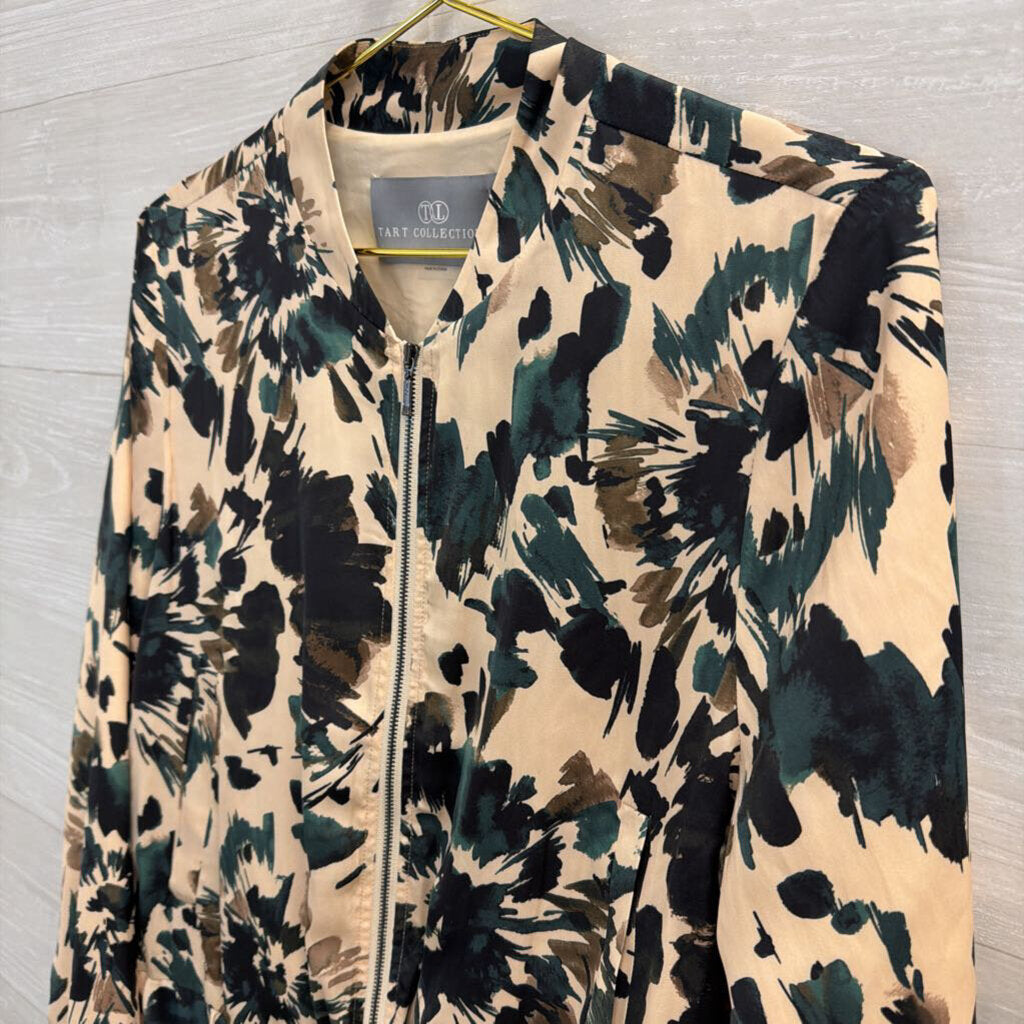Tart Collections Beige/ Multi Print Silky Zip Front Jacket Top Medium