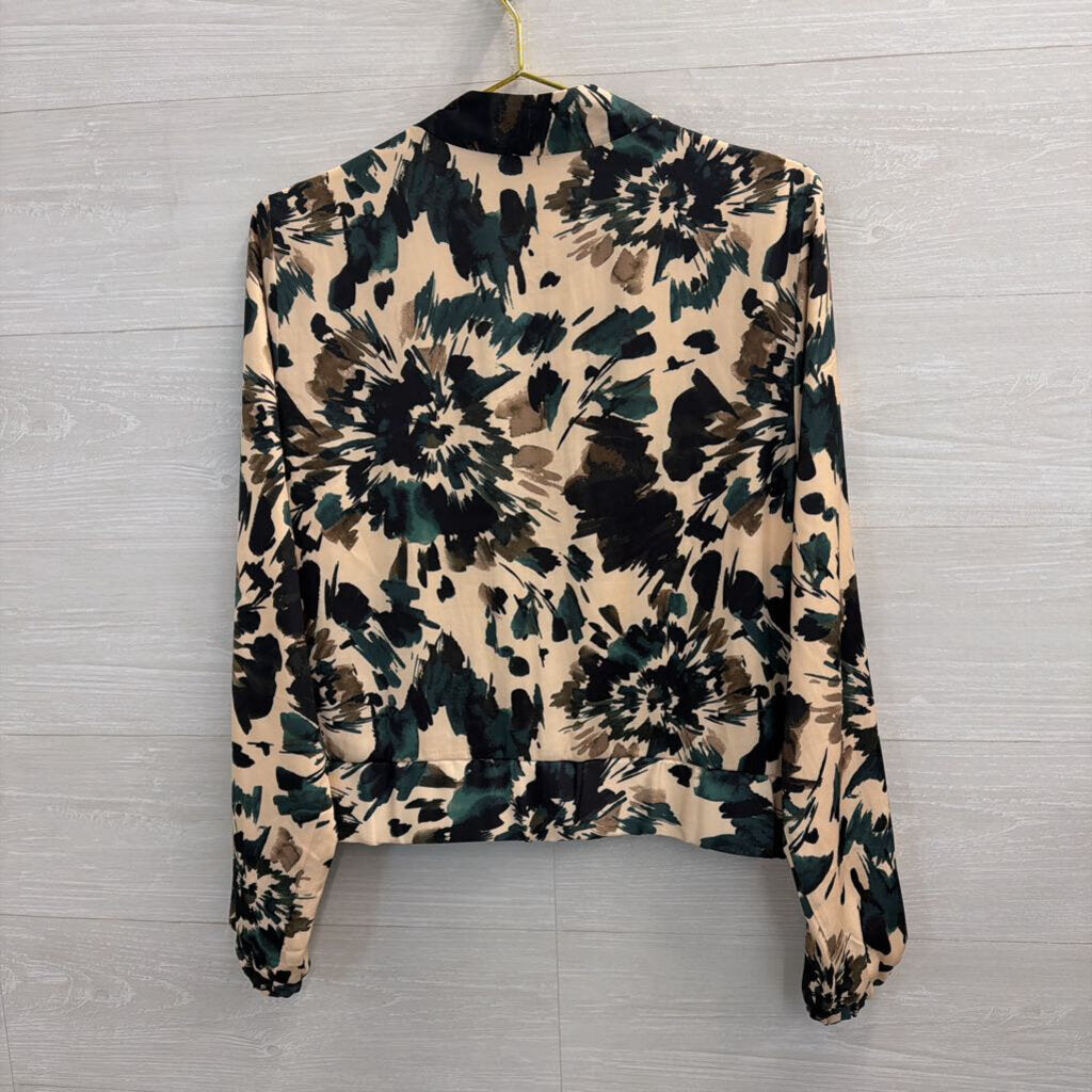 Tart Collections Beige/ Multi Print Silky Zip Front Jacket Top Medium