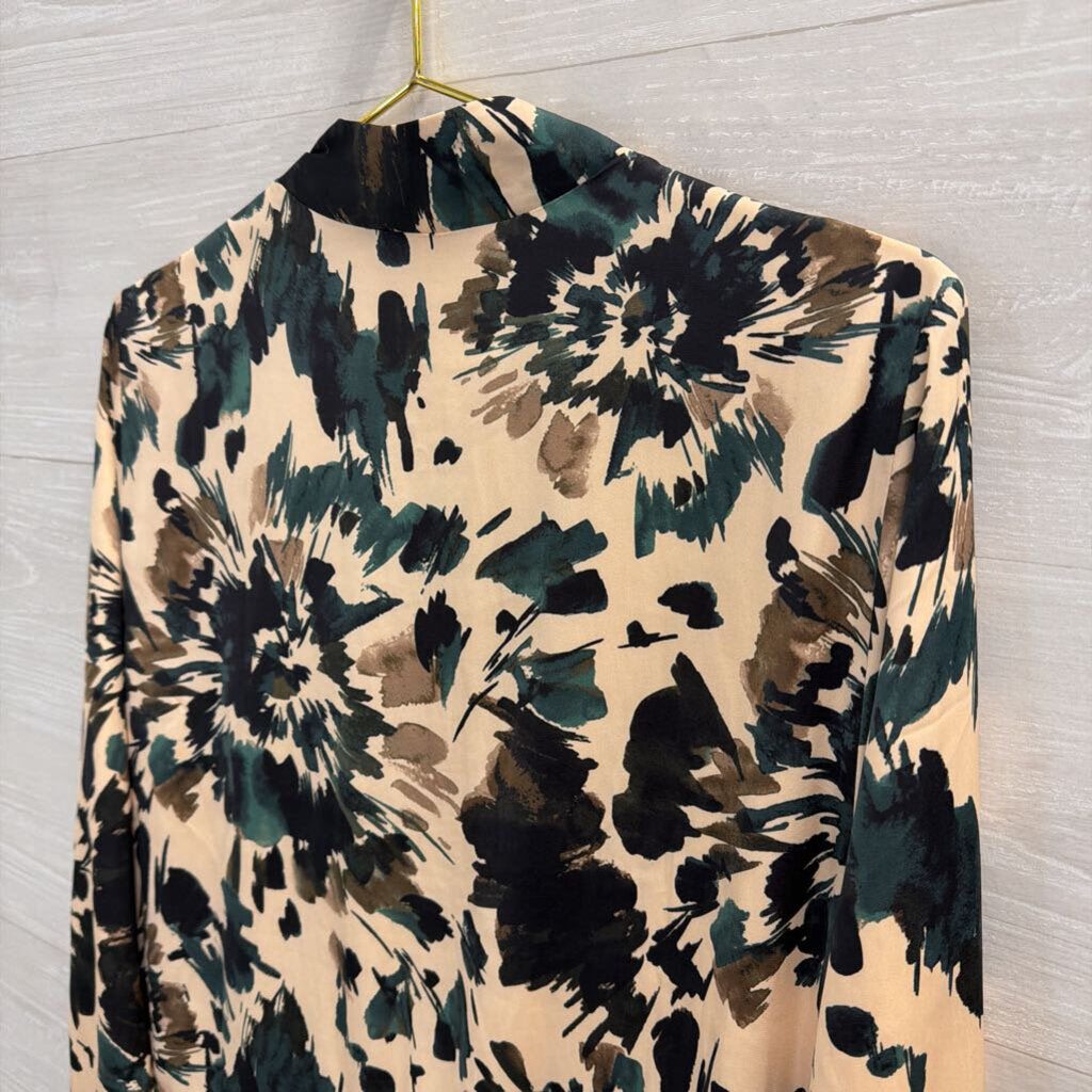 Tart Collections Beige/ Multi Print Silky Zip Front Jacket Top Medium