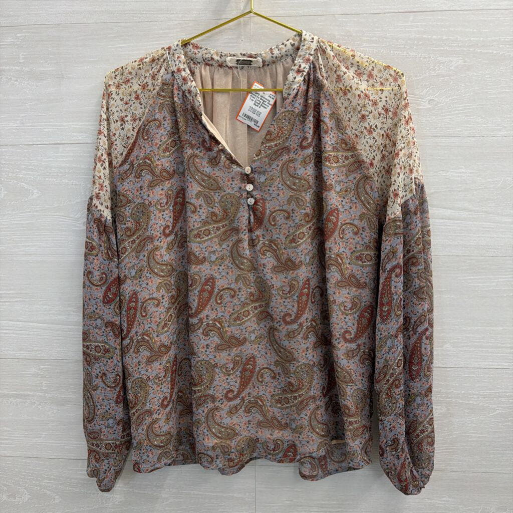 Gimmicks Beige/ Multi Print Long Sleeve Top Small