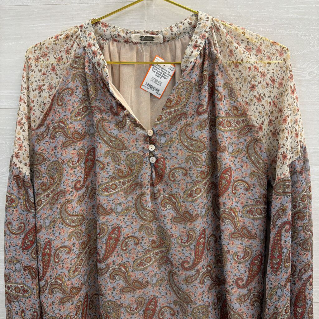 Gimmicks Beige/ Multi Print Long Sleeve Top Small