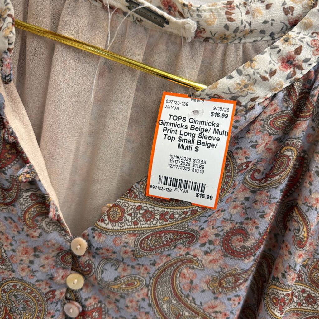 Gimmicks Beige/ Multi Print Long Sleeve Top Small