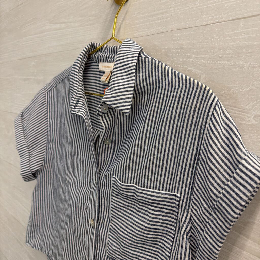 Monteau Blue/ White Cropped Short Sleeve Button Down Top Small