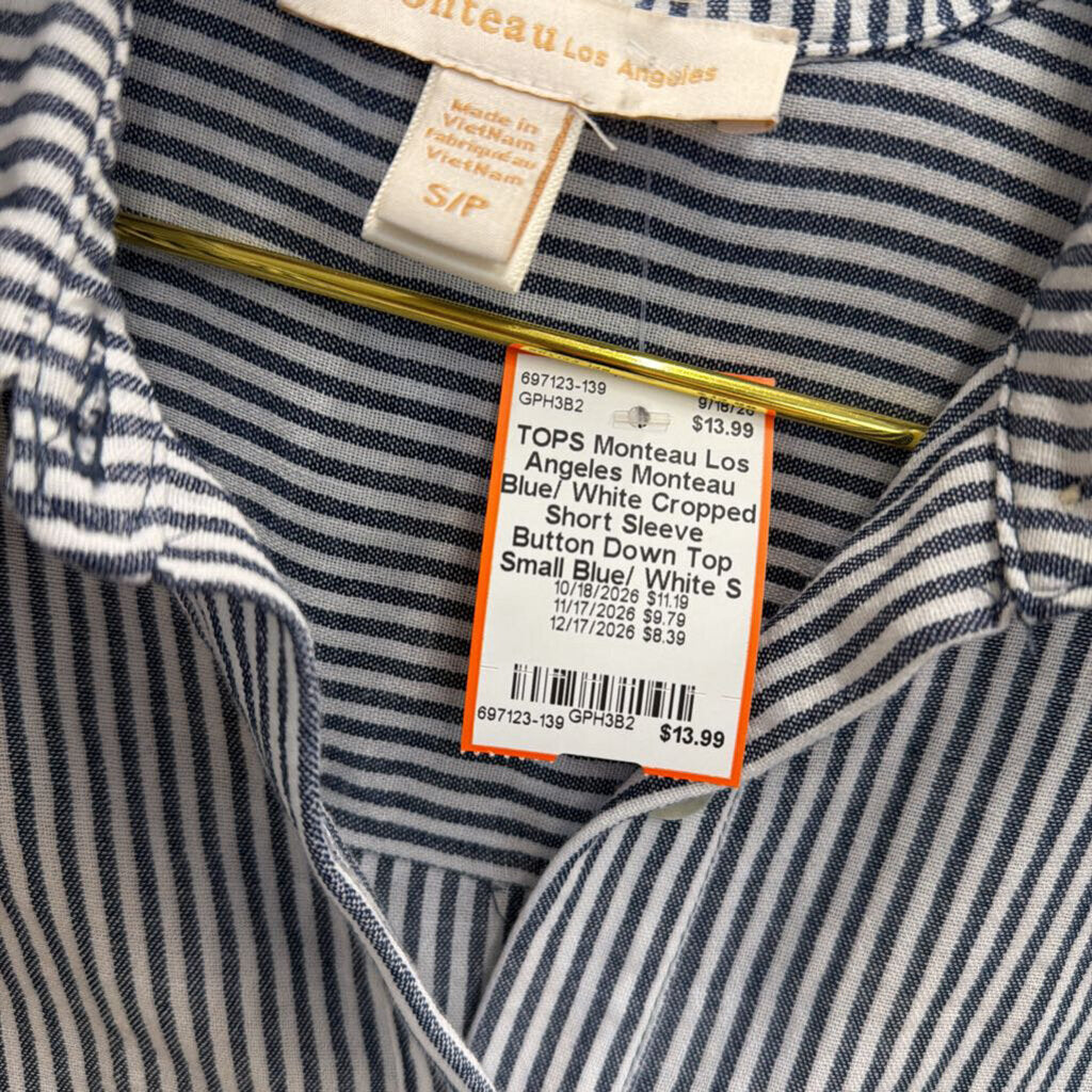 Monteau Blue/ White Cropped Short Sleeve Button Down Top Small