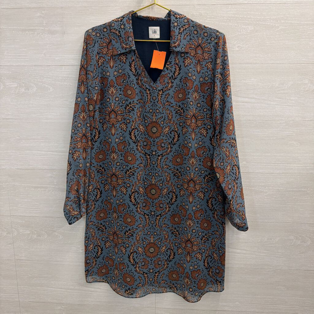 Cabi Blue/ Brown Print Long Sleeve Dress Small