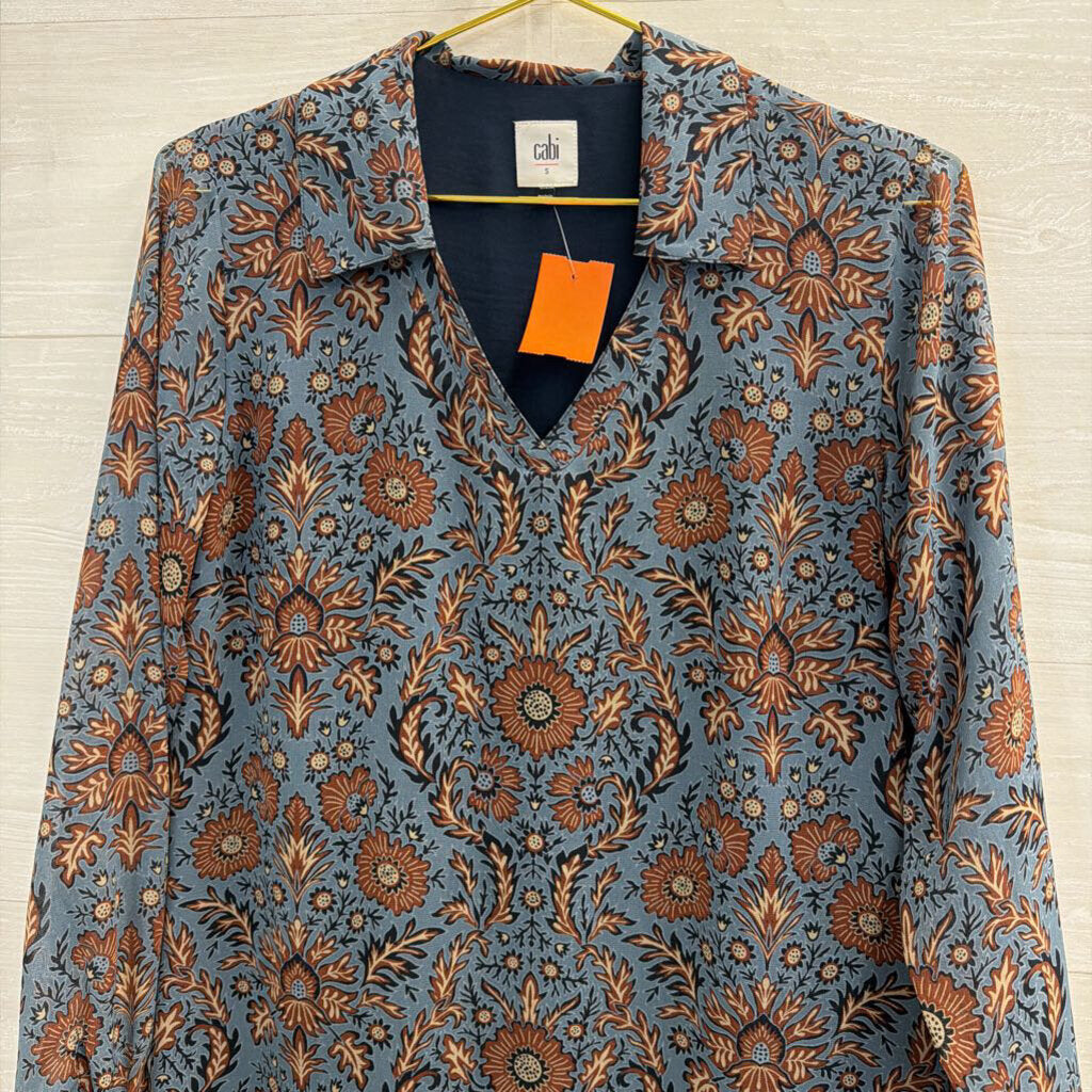 Cabi Blue/ Brown Print Long Sleeve Dress Small