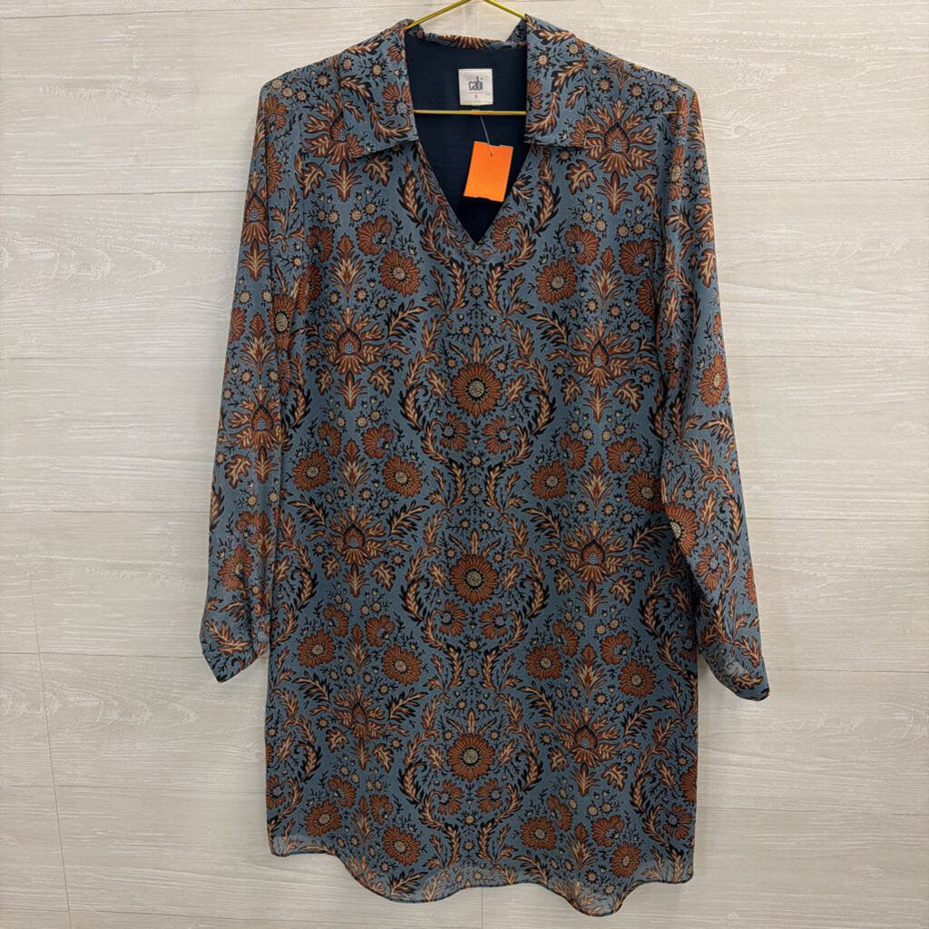 Cabi Blue/ Brown Print Long Sleeve Dress Small