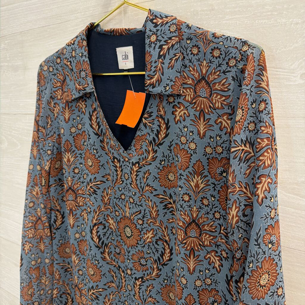 Cabi Blue/ Brown Print Long Sleeve Dress Small