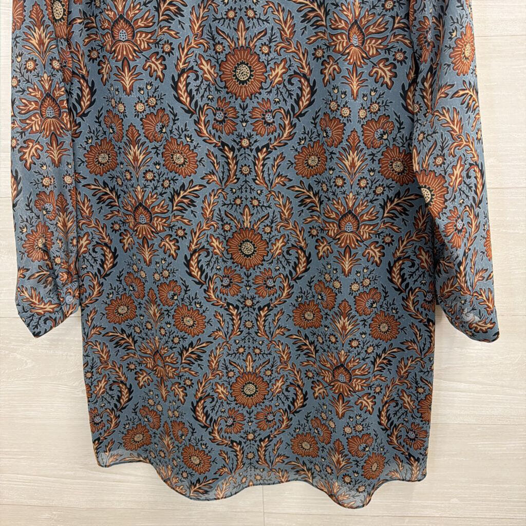 Cabi Blue/ Brown Print Long Sleeve Dress Small