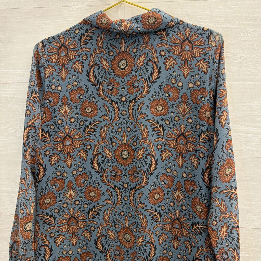 Cabi Blue/ Brown Print Long Sleeve Dress Small