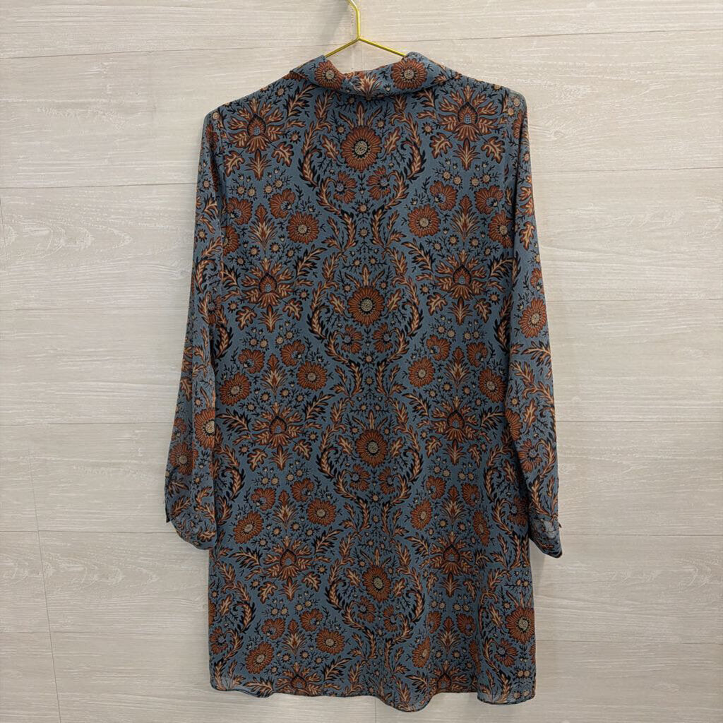 Cabi Blue/ Brown Print Long Sleeve Dress Small
