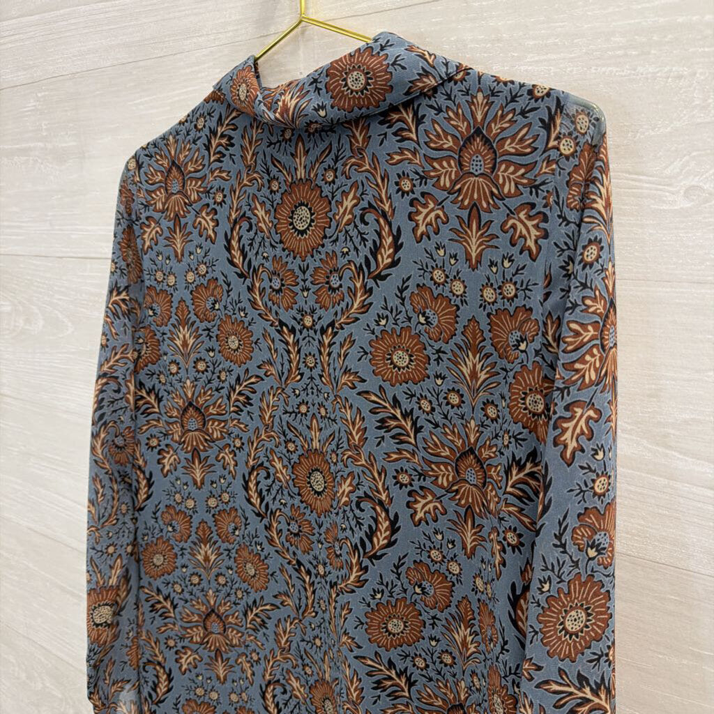 Cabi Blue/ Brown Print Long Sleeve Dress Small