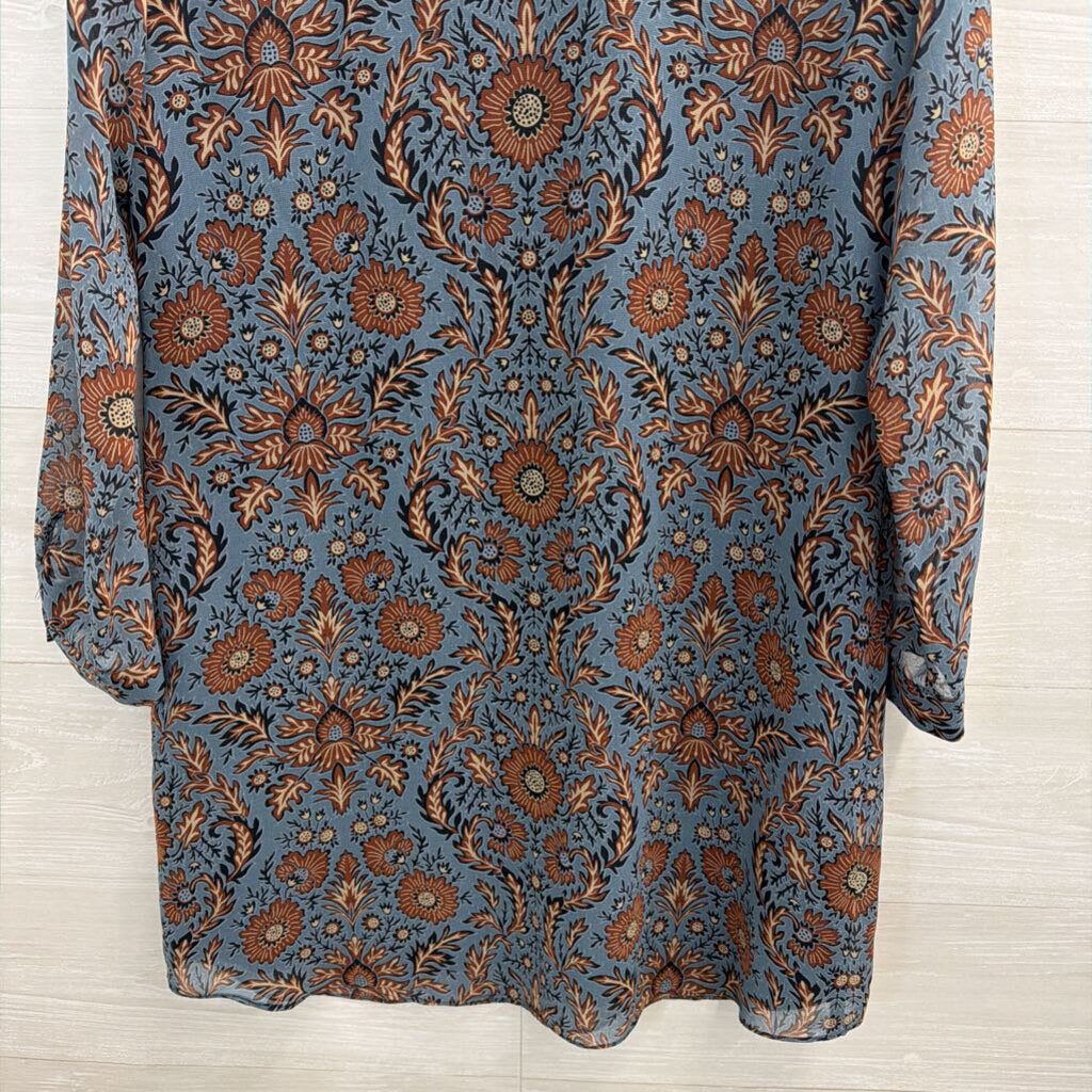 Cabi Blue/ Brown Print Long Sleeve Dress Small