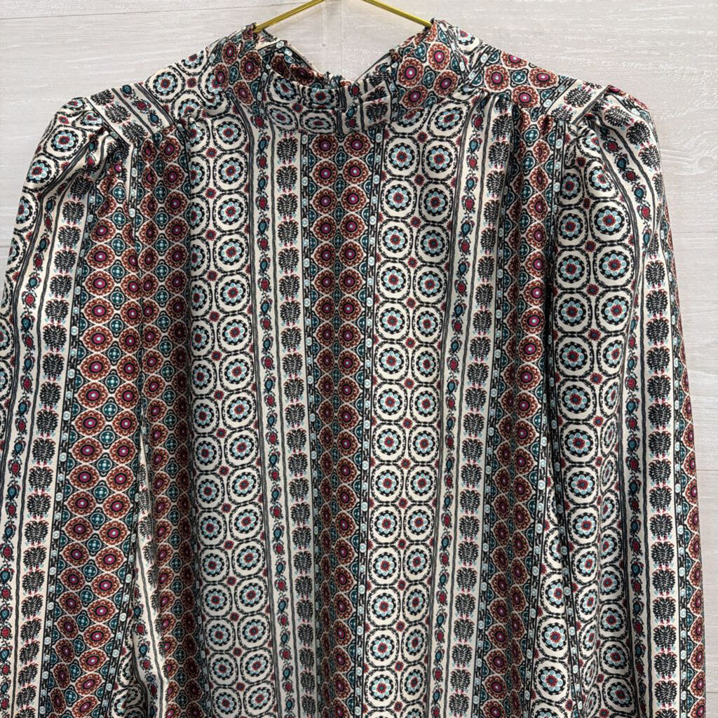 Loft White/ Brown Multi Print Long Sleeve Top Extra Small