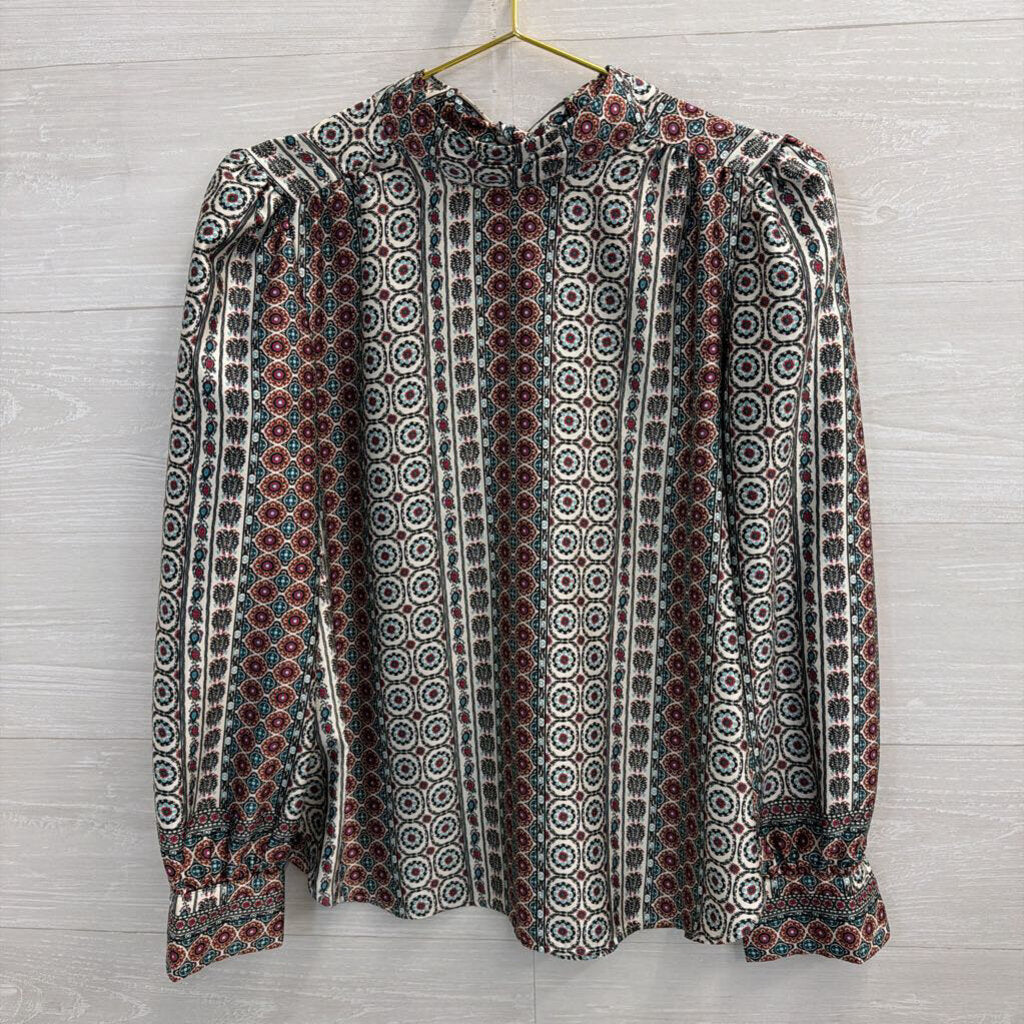 Loft White/ Brown Multi Print Long Sleeve Top Extra Small